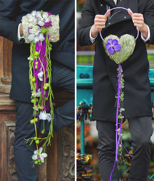 Długie bukiety ślubne o nietypowych kształtach: w formie zakładanego na dłoń rękawa i kwiatowej torebki / Indigo EFD