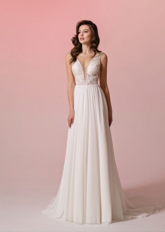 Suknia ślubna z dekoltem V obszytym kamieniami oraz lekką spódnicą Suknia ślubna z dekoltem V obszytym kamieniami oraz lekką spódnicą