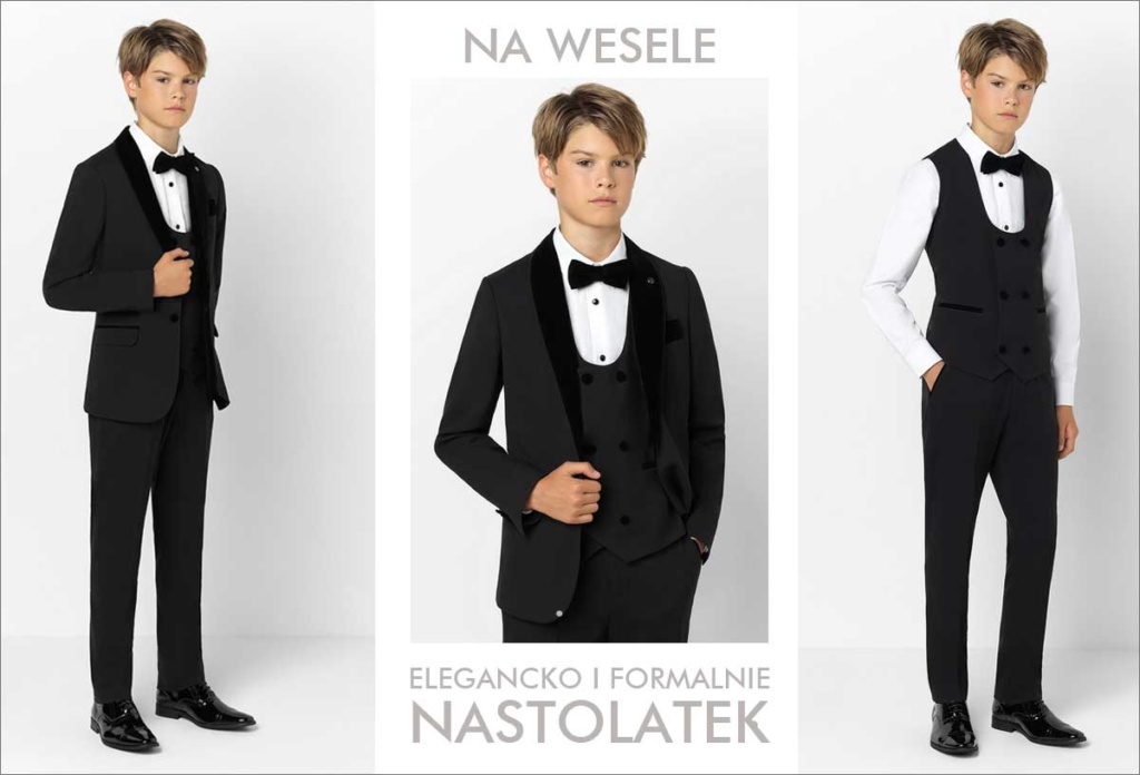 Elegancki strój czarny garnitur dla chłopca na wesele